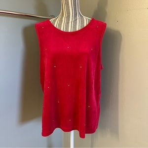 The Quacker Factory Womens Vintage Red Velour Top Holiday Festive Rhinestones XL